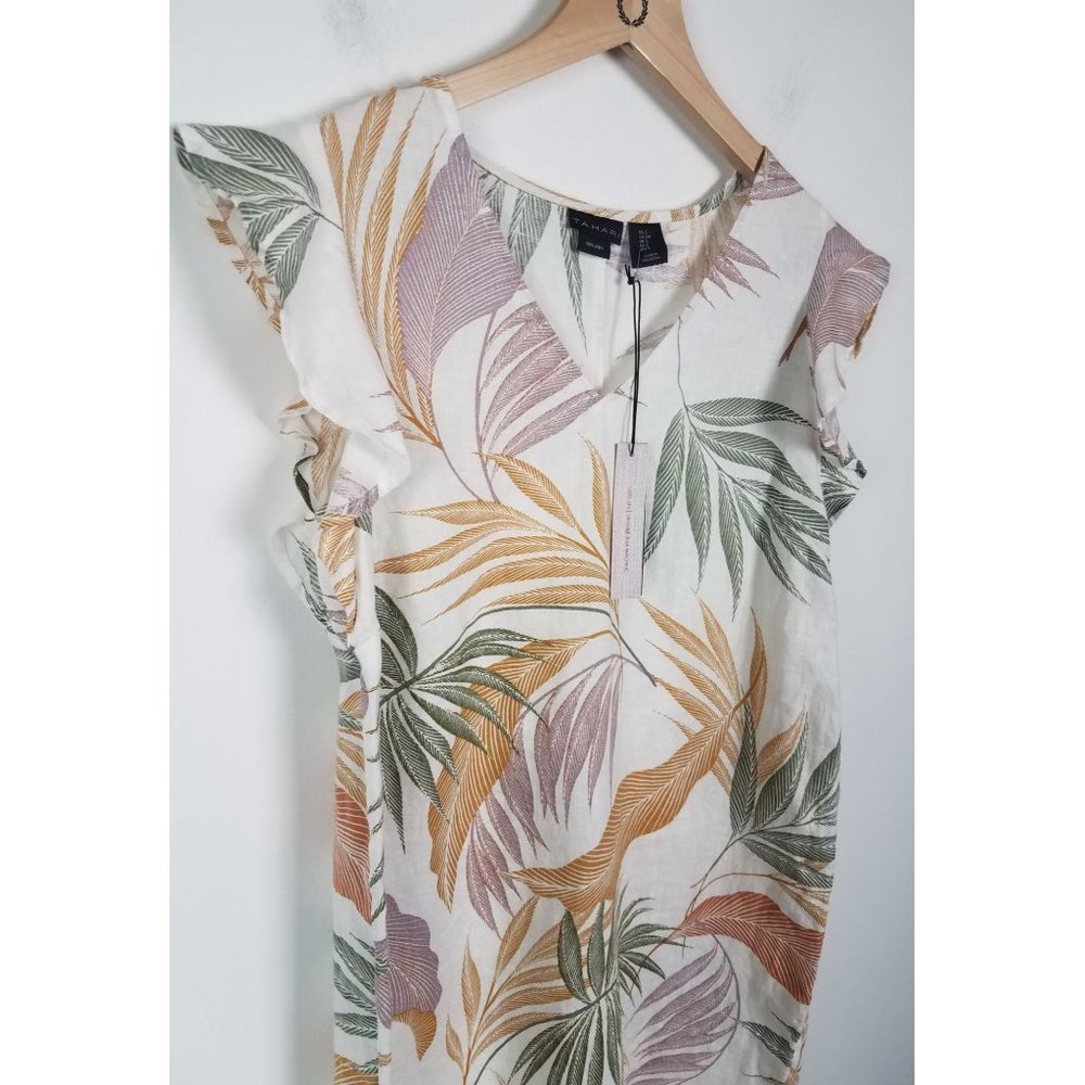 Tahari Women's Sz. S 100% Linen Tropical Palm Flutter Sleeve Dress NWT - Picture 3 of 7